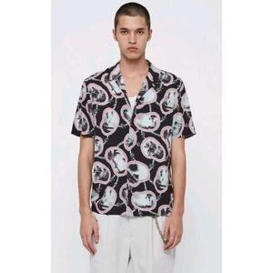 Allsaints “Islandz” Short Sleeve Shirt floral Hawaiian XL Palm Black Pink #WM1